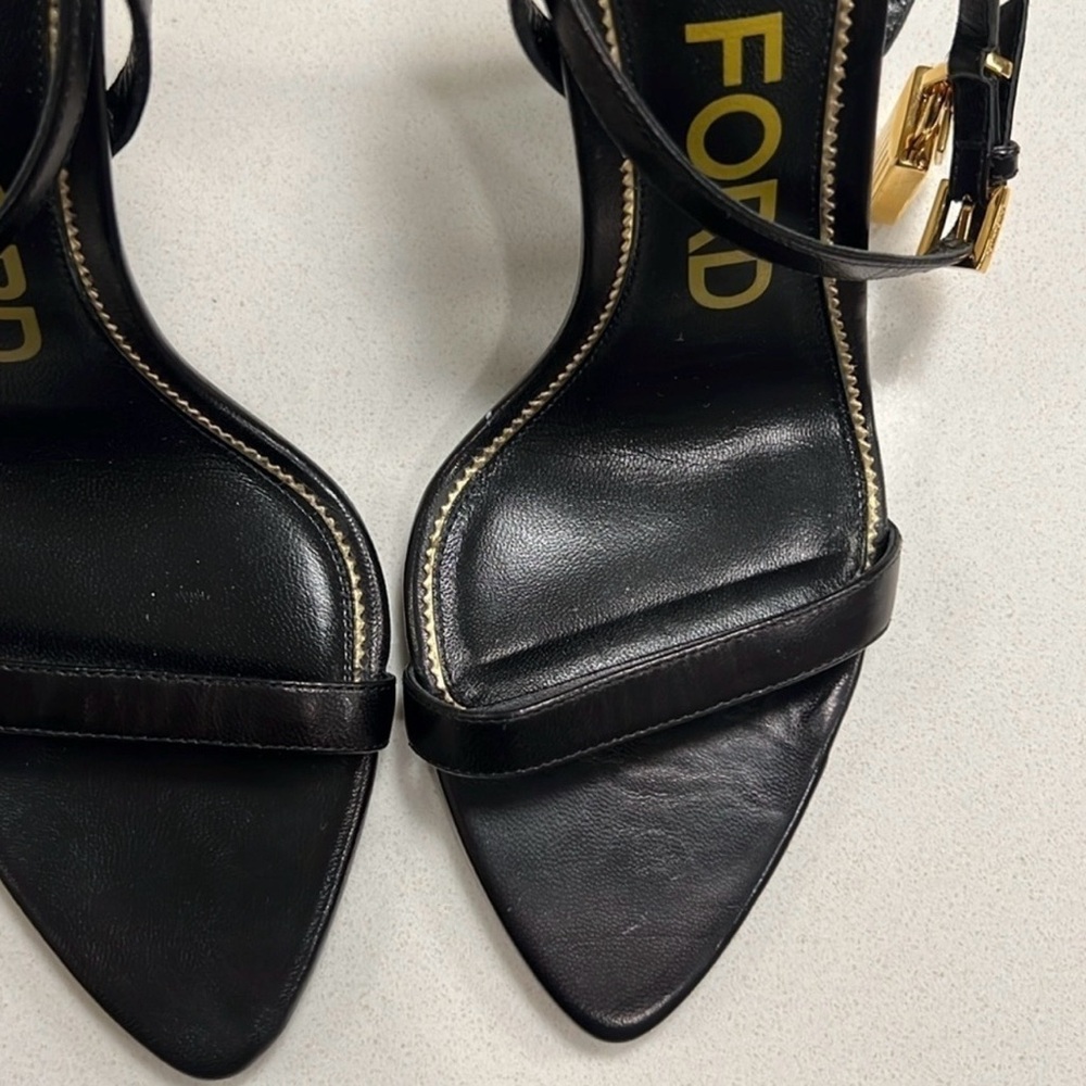 Tom Ford Black Leather Ankle-Strap Stiletto Sandals with Gold Heel - Picture 2 of 11